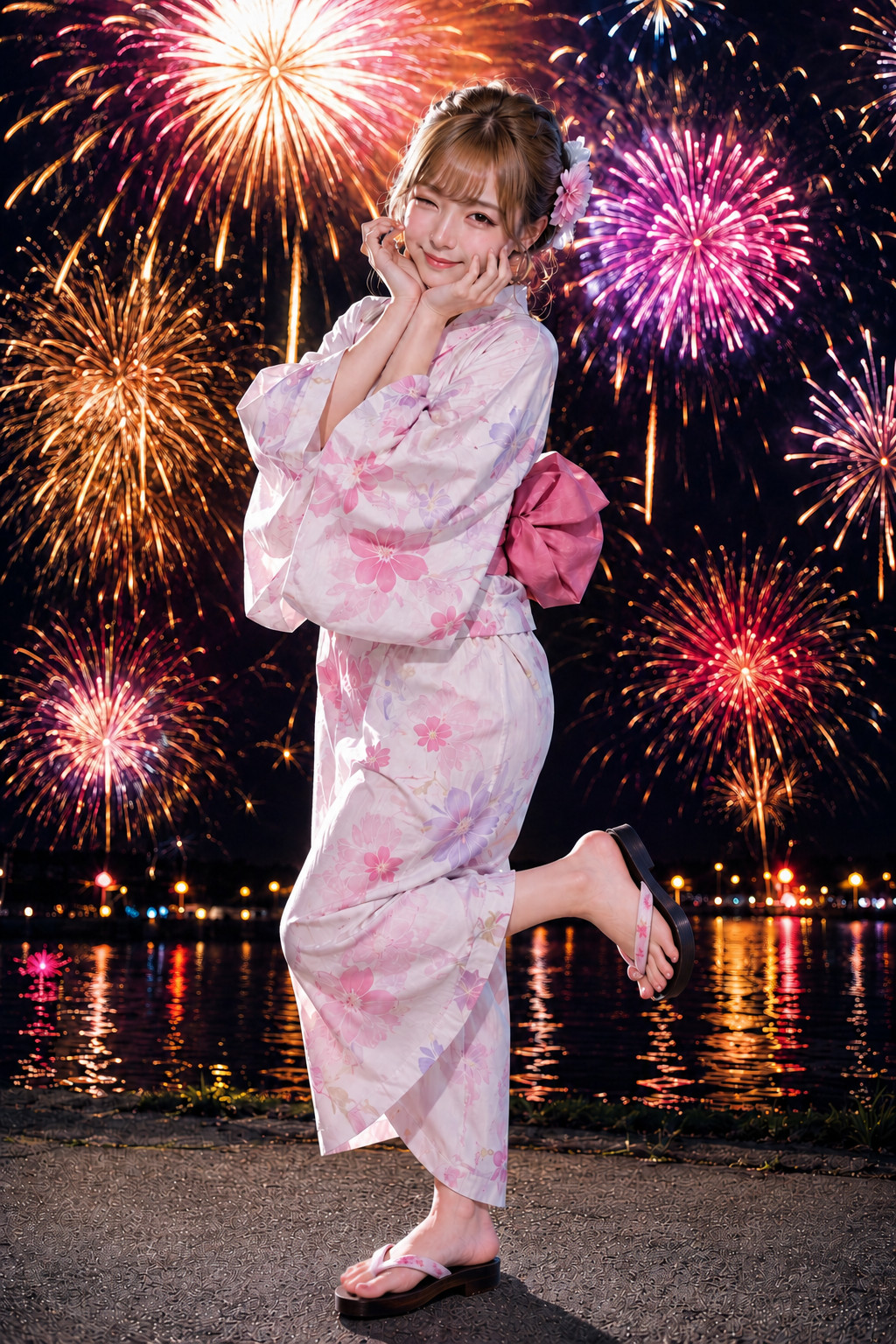 夏なので夏祭りの花火で目移りしそうな可愛い浴衣ギャルのグラビアAI画像