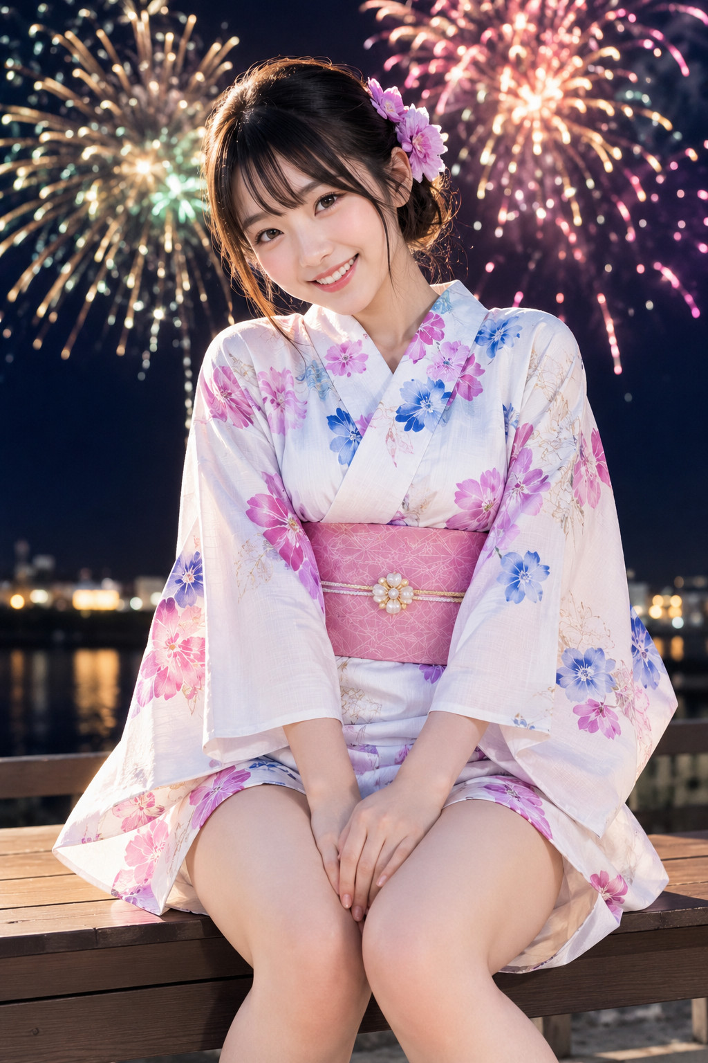 夏なので夏祭りの花火で目移りしそうな可愛い浴衣女子のグラビアAI画像