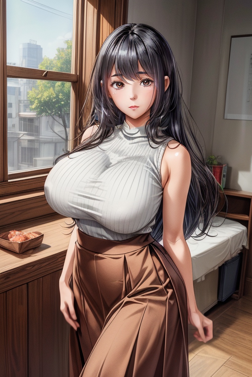 黒髪ロングヘア巨乳人妻のセーターから見える着衣乳袋AI2次元画像