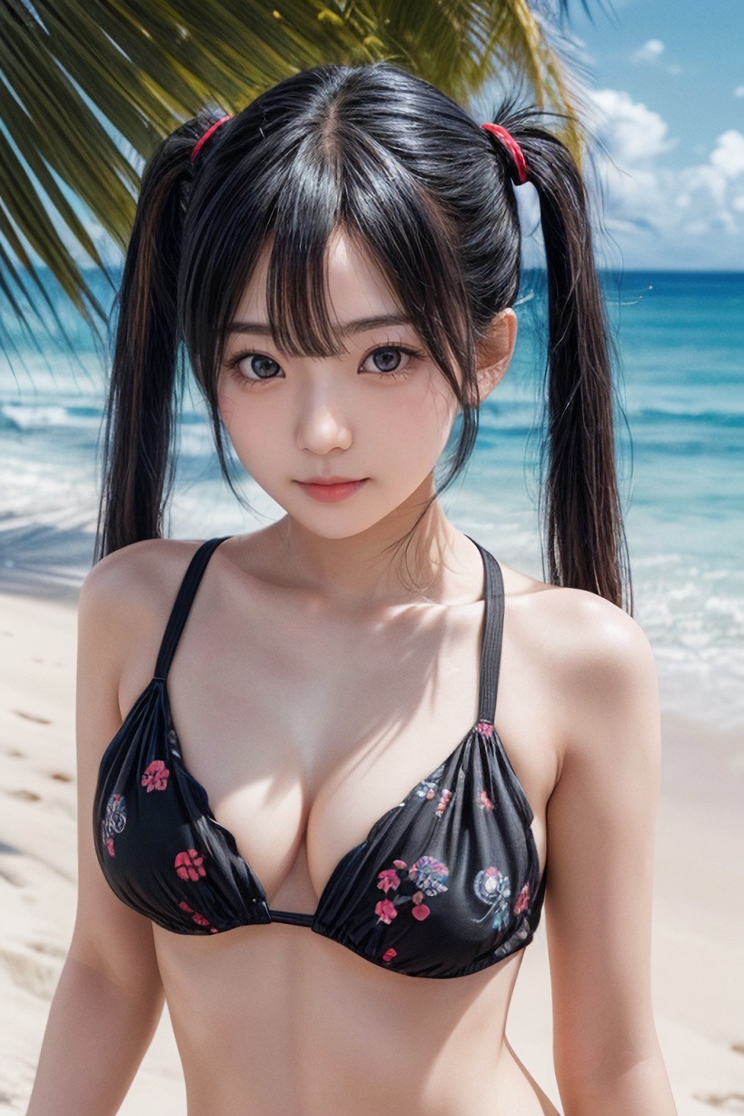 可愛い黒髪ツインテール女子の上半身ビキニ画像