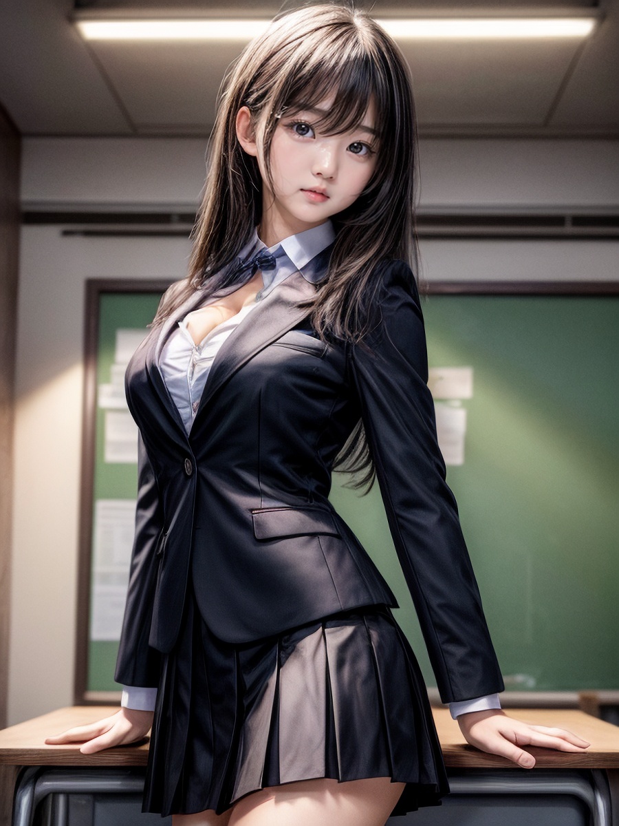 黒髪ロングヘアAI女子さんのブレザー服コスプレ画像