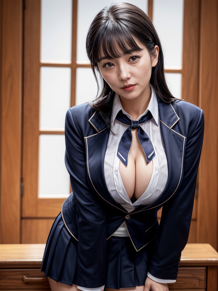 JKブレザー制服を着た三十路～五十路の黒髪巨乳熟女が着衣おっぱいや胸の谷間を見せる実写・リアル系AIエロ画像(その1)