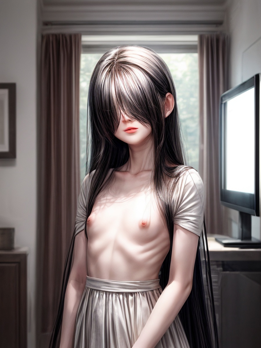 呪いのビデオの山●貞●ちゃんが貧乳おっぱいを見せて脱いでくれました！AIエロ画像