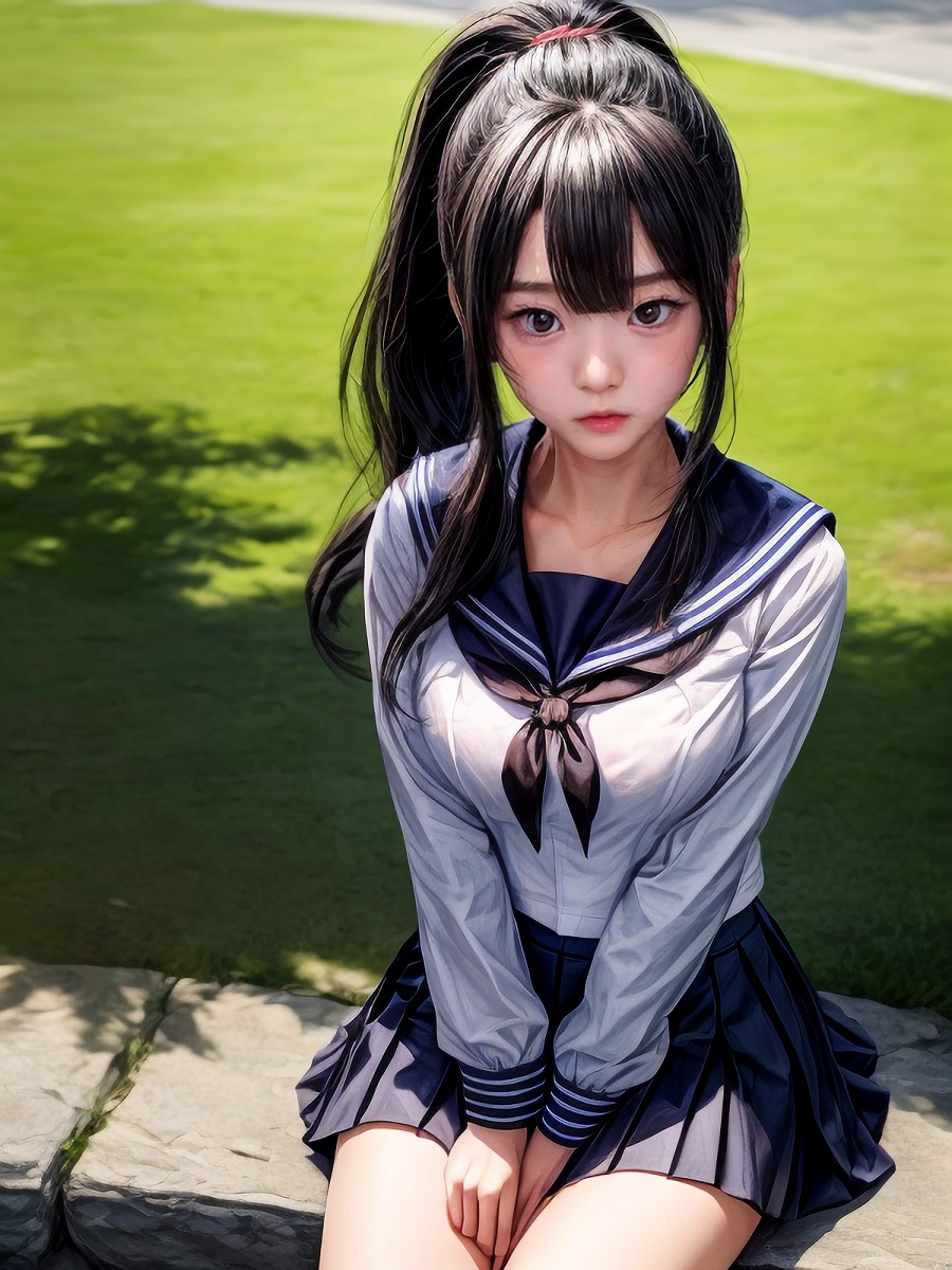 黒髪ポニーテールAI女子さんのセーラー服コスプレ画像
