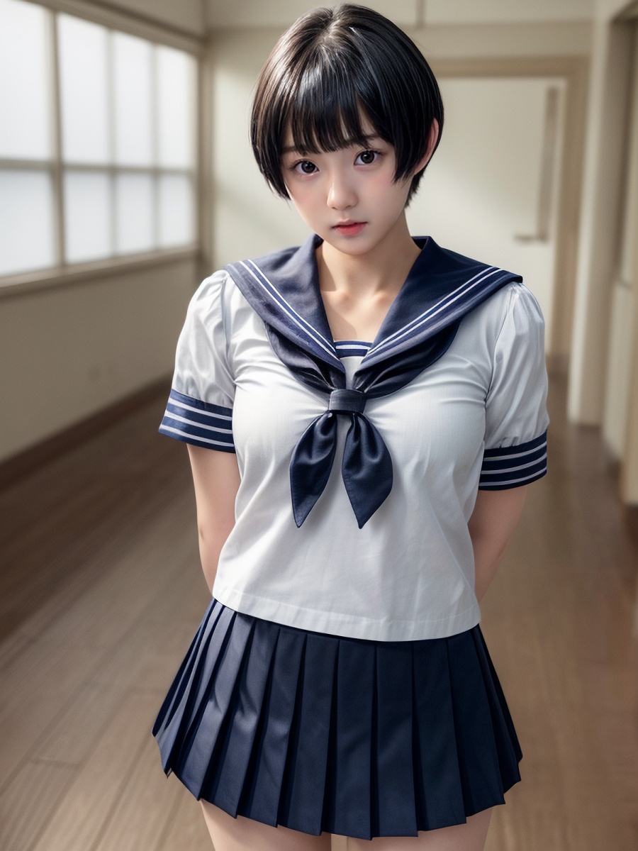 黒髪ショートヘアAI女子さんのセーラー服コスプレ画像