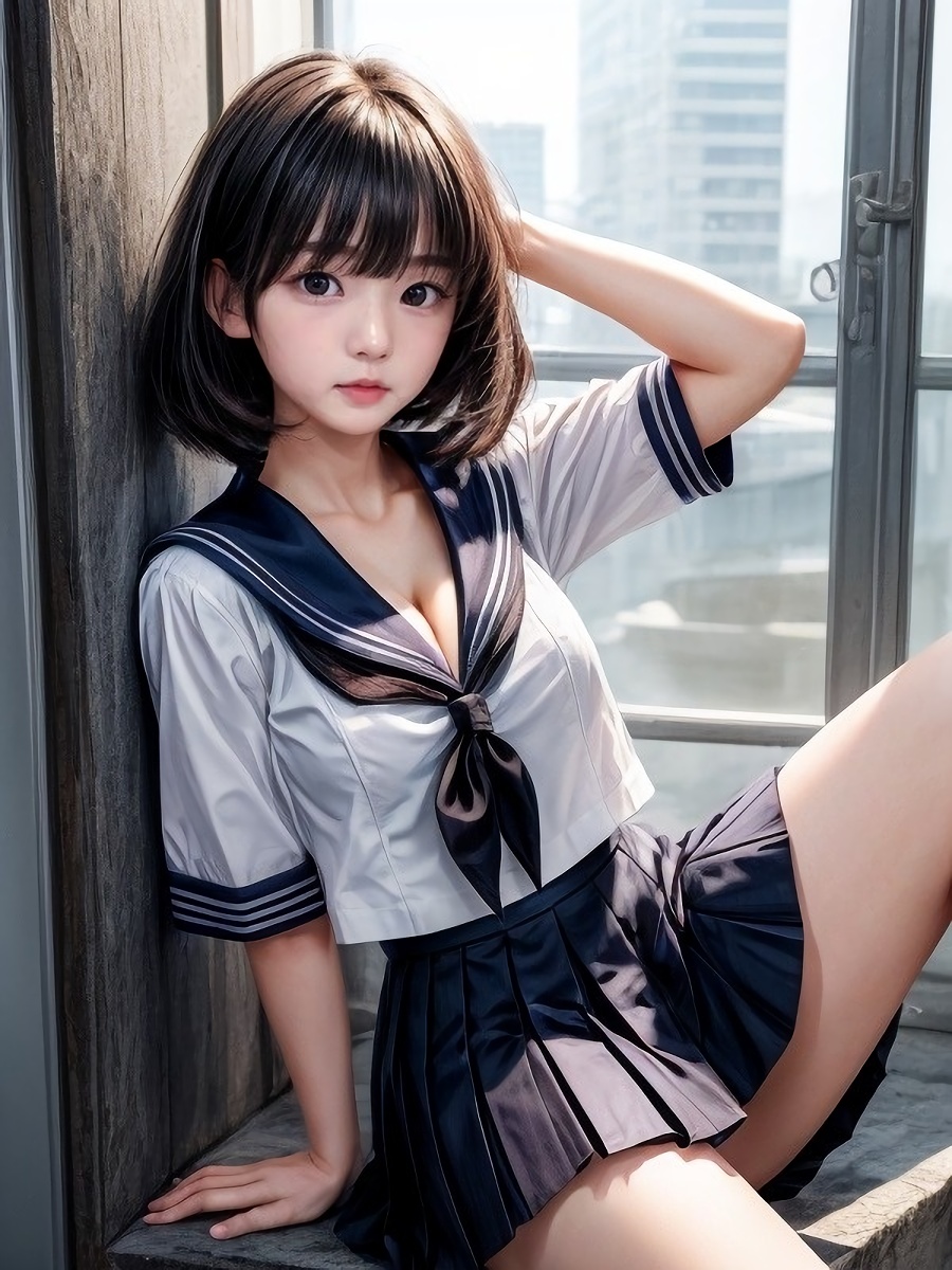 黒髪ミディアムヘアAI女子さんのセーラー服コスプレ画像