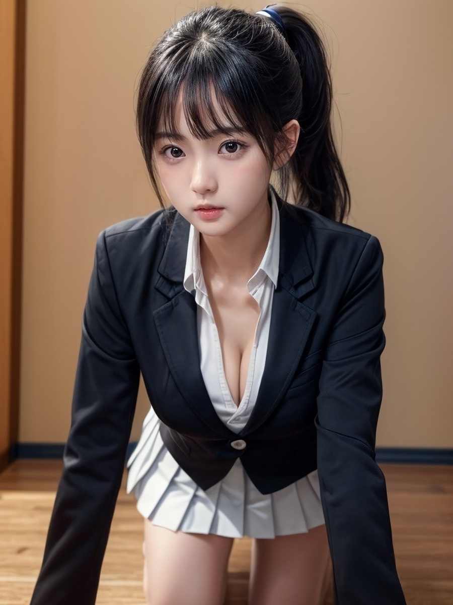 黒髪ポニーテールAI女子さんのブレザー服コスプレ画像
