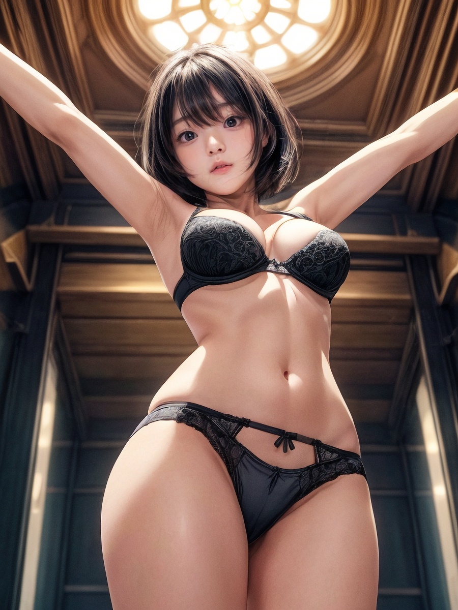 黒い下着で黒髪ミディアムヘアAI女子のランジェリーエロ画像