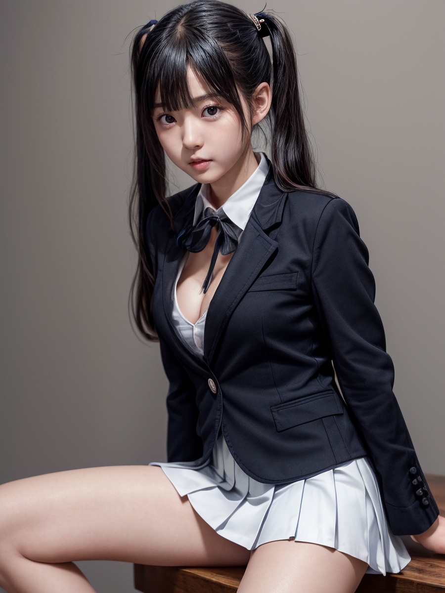 黒髪ツインテールAI女子さんのブレザー服コスプレ画像