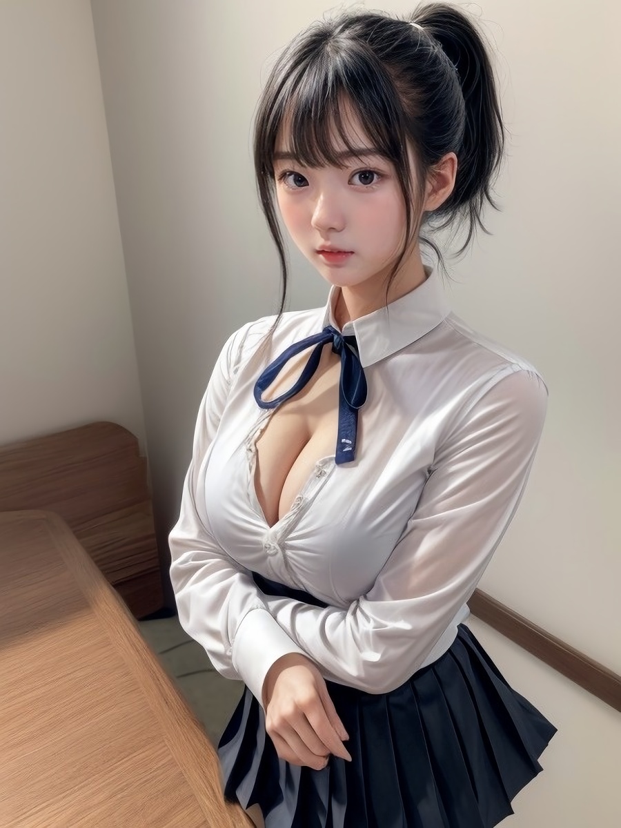 黒髪ポニーテールAI女子さんのYシャツリボンのコスプレ画像