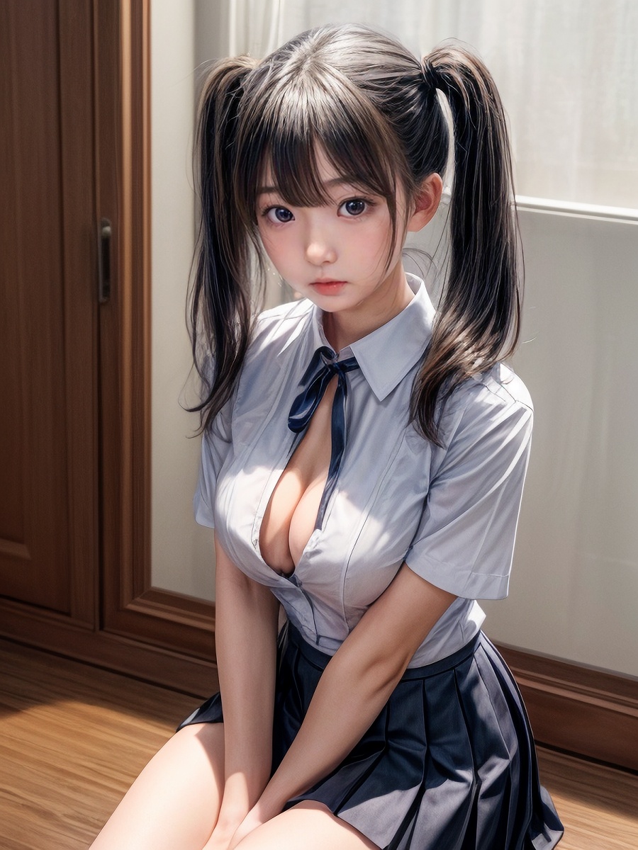 黒髪ツインテールAI女子さんのYシャツリボンのコスプレ画像