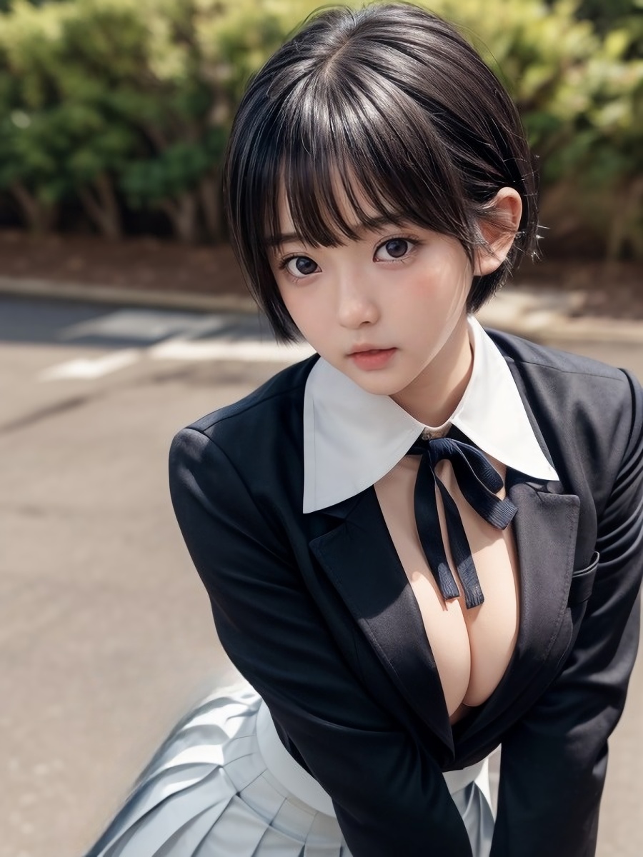 黒髪ショートヘアAI女子さんのブレザー服コスプレ画像