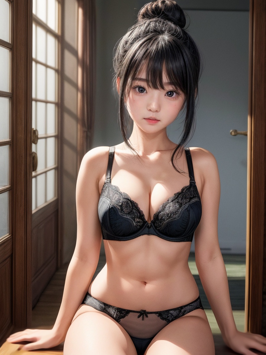 黒い下着で黒髪お団子ヘアAI女子のランジェリーエロ画像