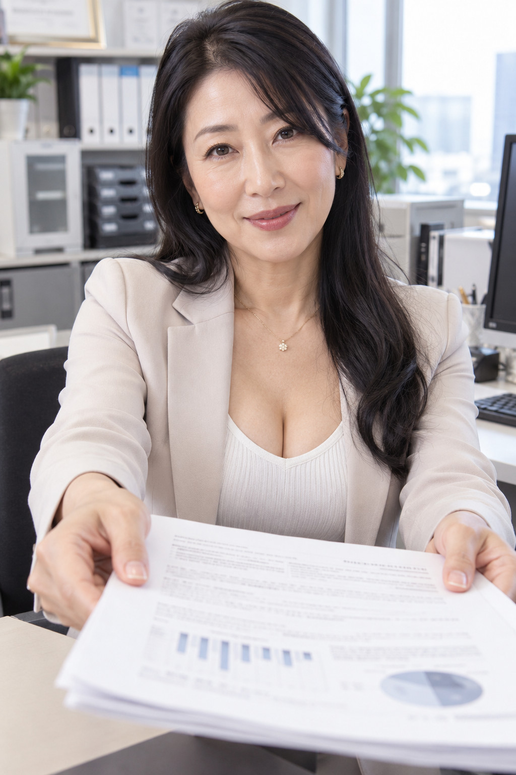 五十路(50代)の黒髪ロングヘア巨乳OL熟女さんが仕事の資料を渡してくる時に見える胸の谷間をチラ見してしまうAI画像
